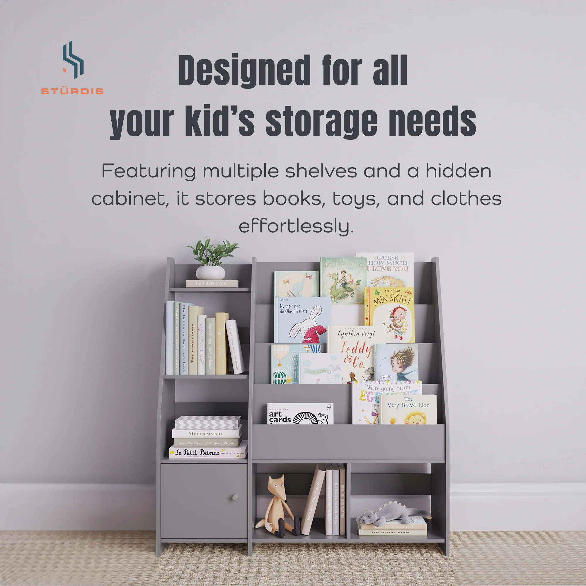 Sturdis Kids Toy Storage Organizer With Bookshelf and White Bins