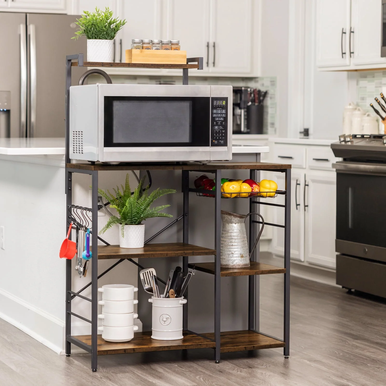 SUPERJARE Bakers Rack with Power Outlet, Microwave Stand, Coffee Bar with Wire Basket, Wood Kitchen Storage Rack with 6 S-Hooks, Kitchen Shelves for Spices, Pots and Pans, Vintage Brown