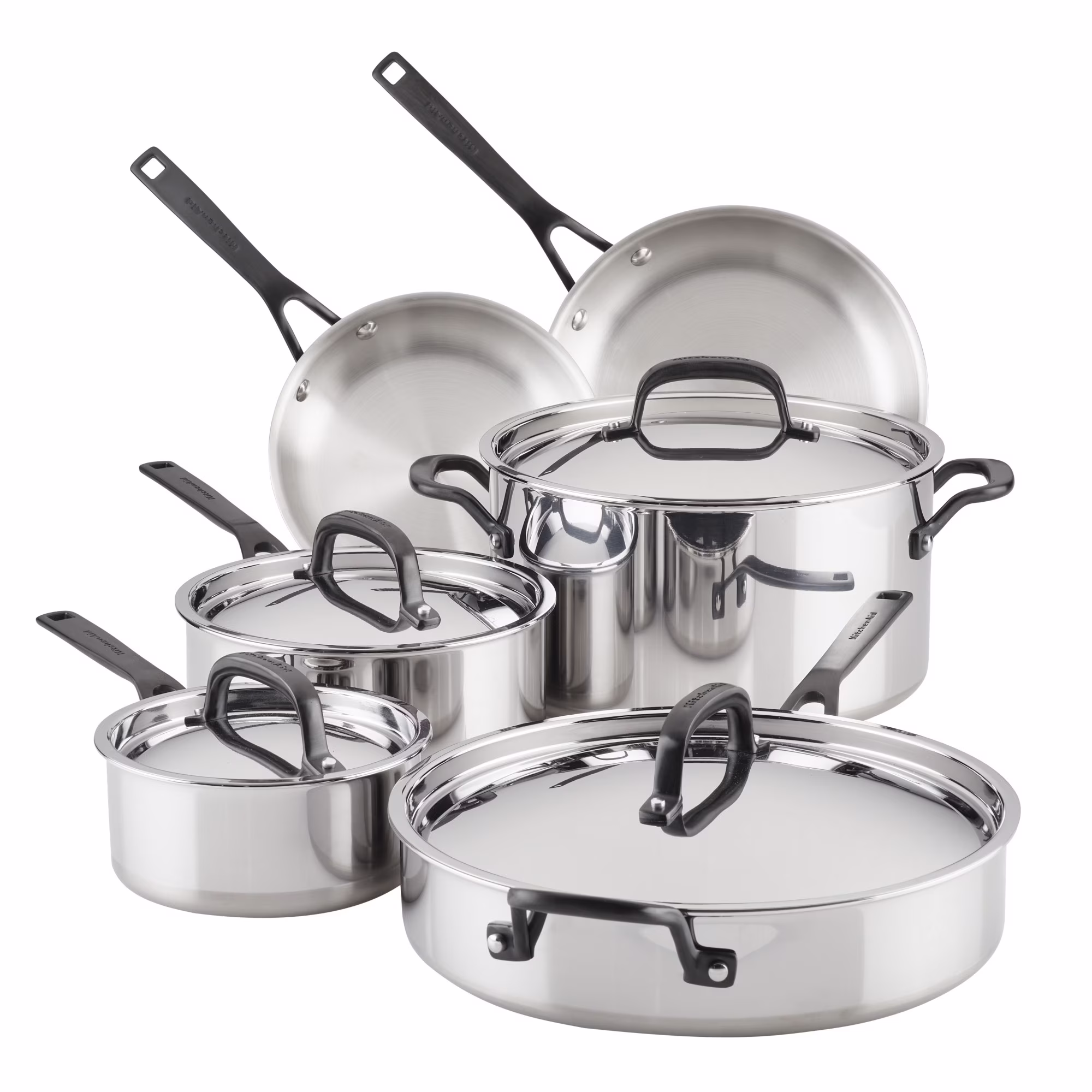 KitchenAid 5-Ply Clad 10 Pcs Stainless Steel Cookware Induction Pots and Pans Set, Dishwasher Safe, Metal Utensil, Broiler and Oven Safe to 500-F, Polished Stainless Steel