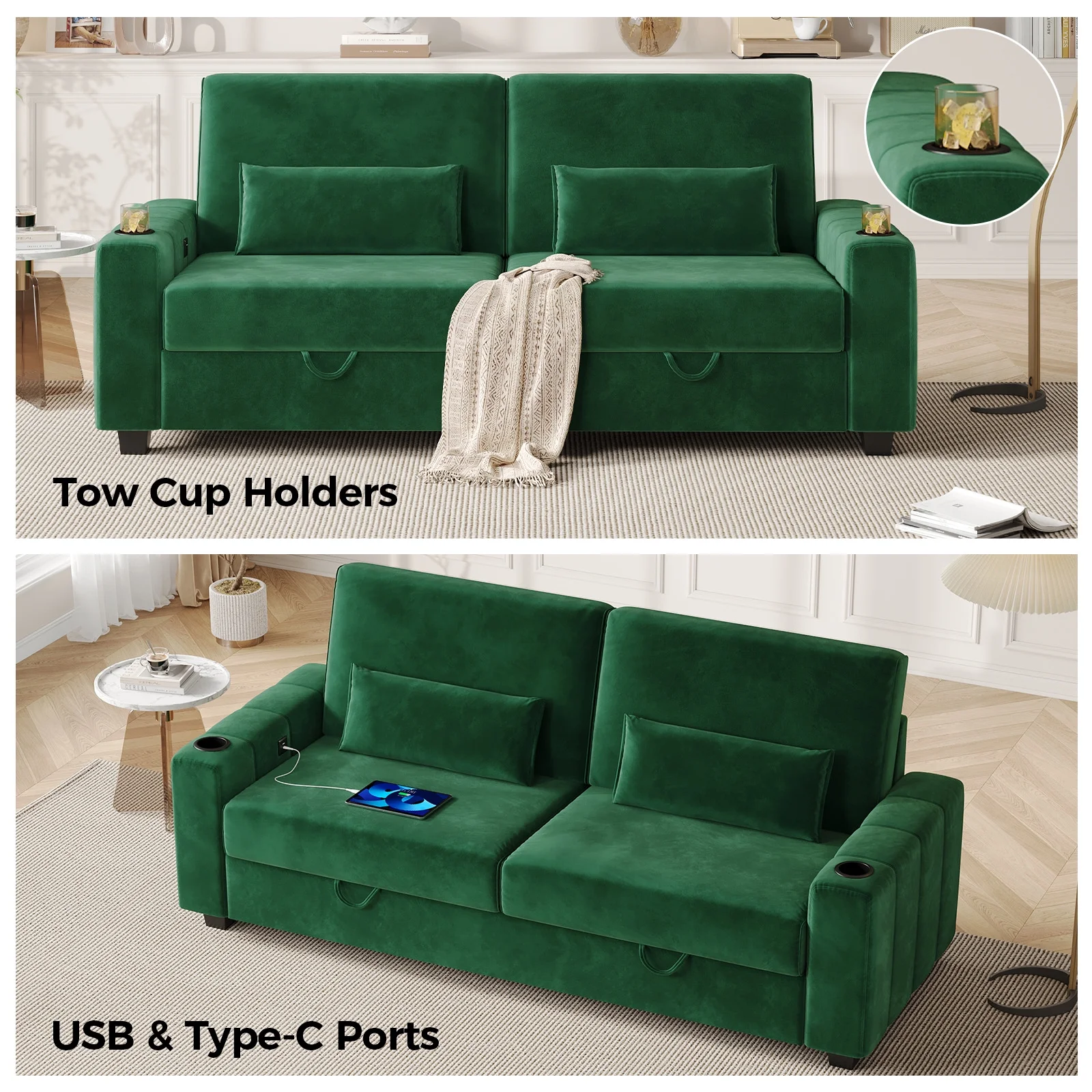 87-Large Loveseat Sofa, 3 Seater Couch with Storage, Velvet Fabric Deep Seat Sofa with Pillow& Cup Holders, Modern Comfy Sofa with USB& Type-C Ports, Home Sofa Couch for Living Room Bedroom
