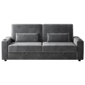 87-Large Loveseat Sofa, 3 Seater Couch with Storage, Velvet Fabric Deep Seat Sofa with Pillow& Cup Holders, Modern Comfy Sofa with USB& Type-C Ports, Home Sofa Couch for Living Room Bedroom