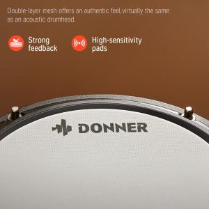 Donner DED-80 Electronic Drum Set, Electric Drum Set for Beginner with 4 Quiet Mesh Drum Pads, 2 Switch Pedal, 180+ Sounds, Throne, On-Ear Headphones, Sticks, and Melodics Lessons Included.