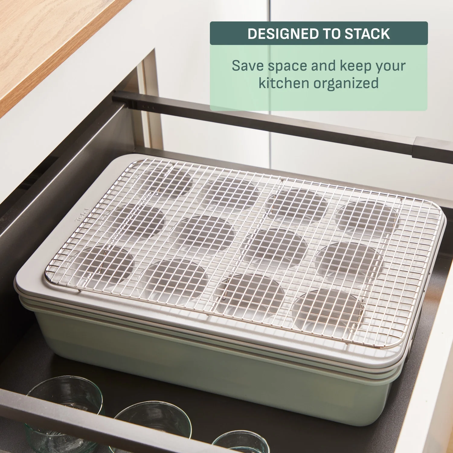 T-fal Stackable Ceramic Non-Stick Bakeware, 5 Piece Set, Mint Green