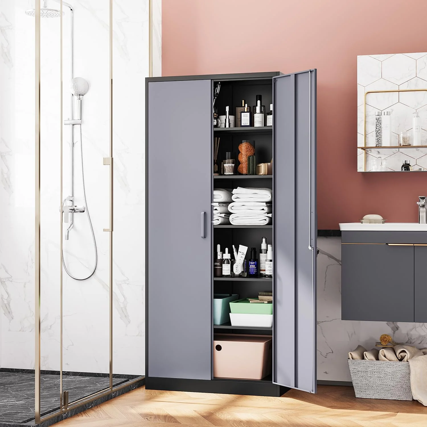 STANI Metal Storage Cabinet, 71- Tall Steel Cabinets with Locking Door and 5 Adjustable Shelves, Steel Classic Storage Cabinet for Home, School, Office, Garage