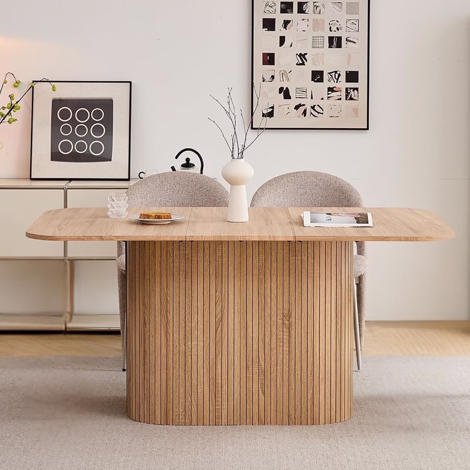 HJhomeheart 63" Rectangle Dining Table for 4 6 Person, Rounded Corners, Wood Strip Pedestal Base, Rustic Farmhouse Modern Breakfast Dinner Kitchen Table