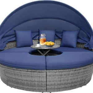 Outdoor daybed, rattan round daybed with sunshade canopy, patio set with cushions and adjustable coffee table, rattan patio furniture, suitable for backyard terraces, porches, and poolside (green color)