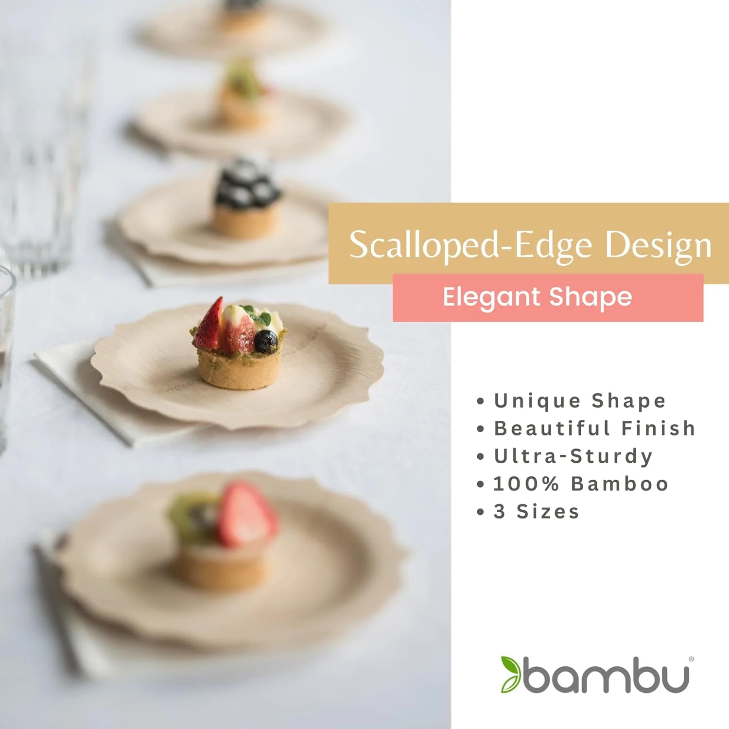 Bambu Pack of 100-9 Inch Fancy 100% Bamboo Plates -C Premium Disposable Dinnerware | Elegant, Biodegradable Veneerware Natural Tableware for Weddings, Parties, Entertaining & Special Occasions