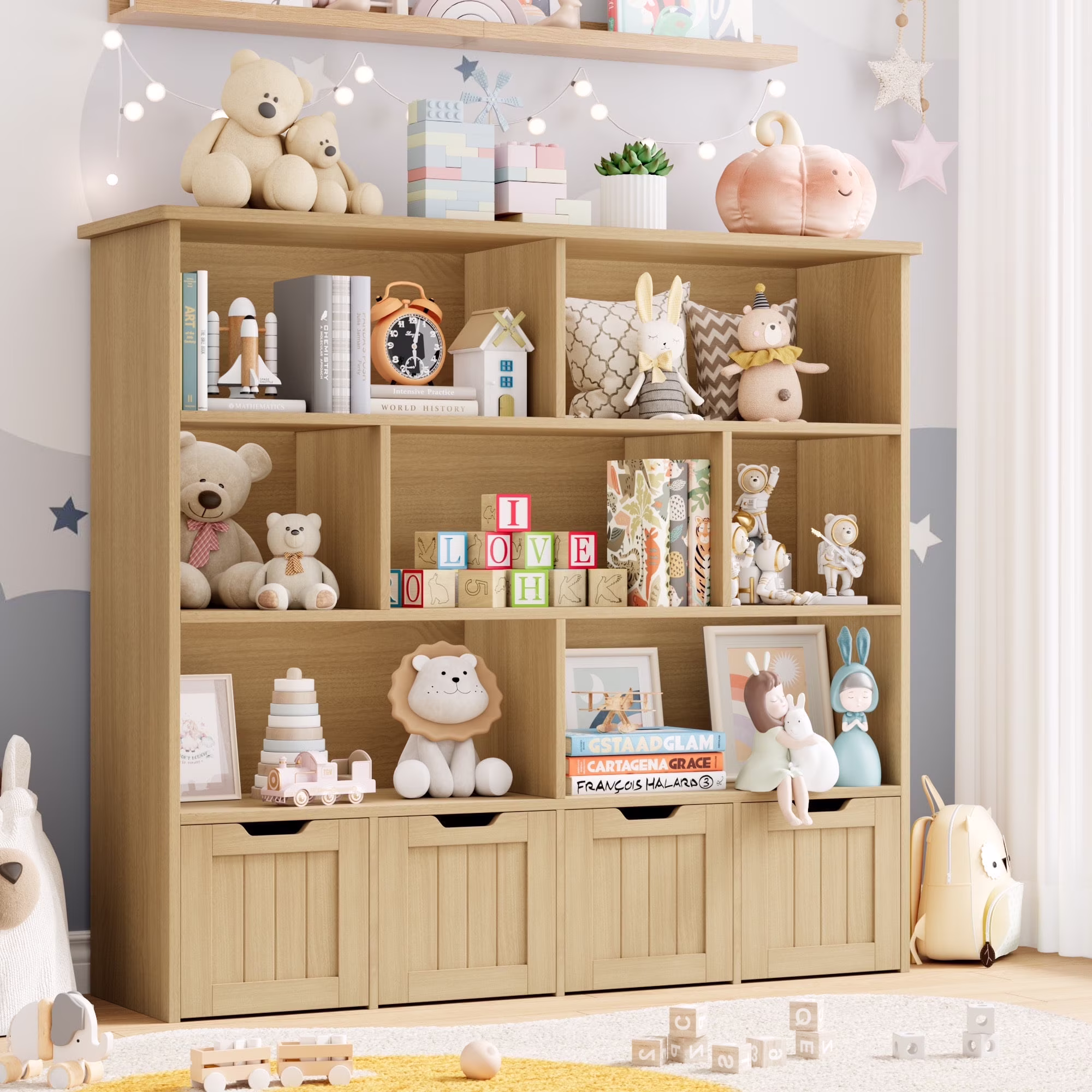 Homfa 7 Cube Toy Storage Organizer, Kids Geometric Bookcase and Bookshelf with 4 Drawers, White