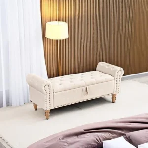 Furniliving Modern Storage Ottoman Bench, Sherpa Ottoman End of Bed Bench with Solid Wood Legs Upholstered Ottoman Benches with Storage Indoor Bench for Living Room with Rolled Arm, Entryway, White