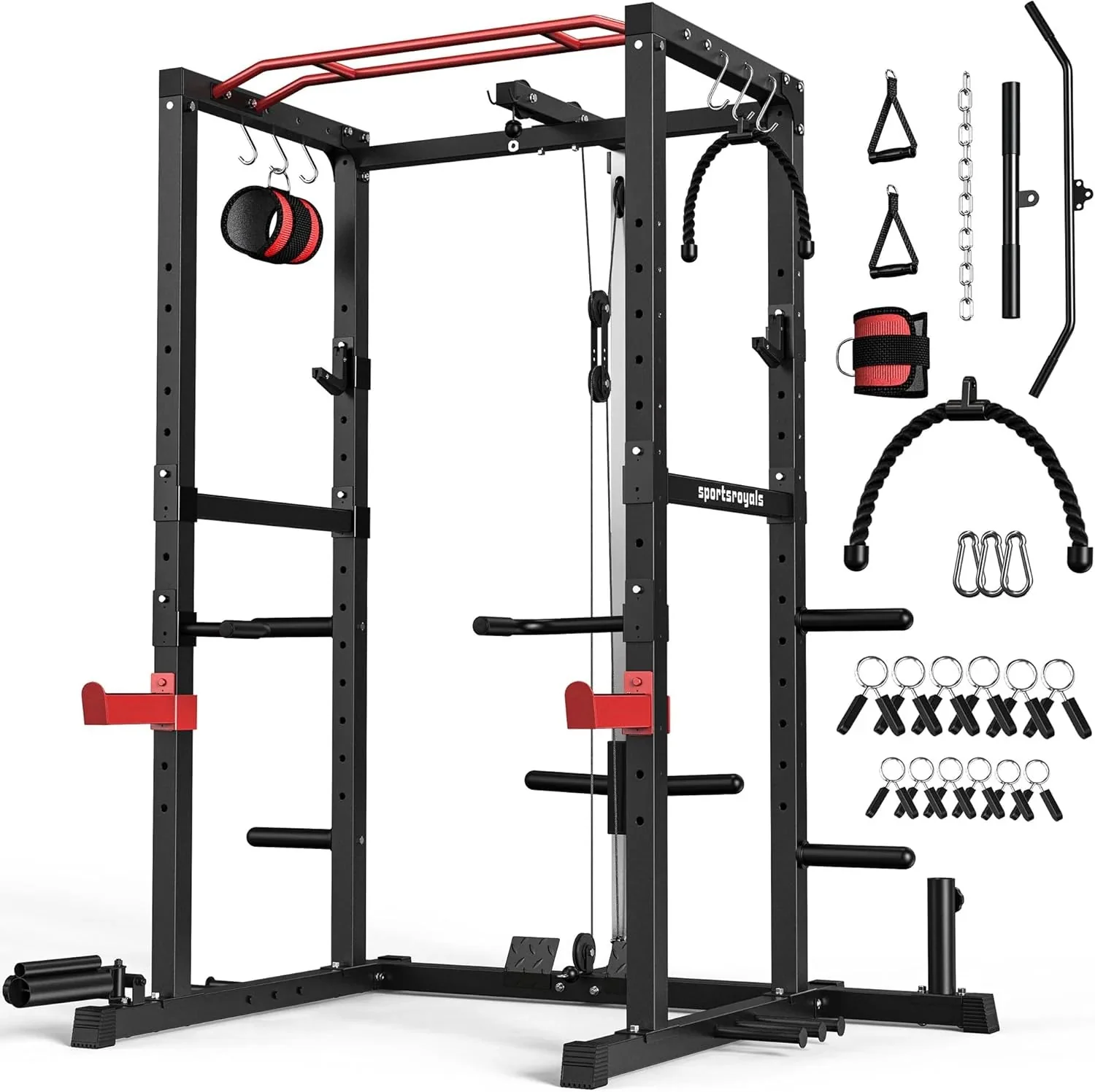 Sportsroyals Power Cage,1600lbs Multi-Function Power Rack with Adjustable Cable Crossover System and More Training Attachment, Weight Cage for Home Gym