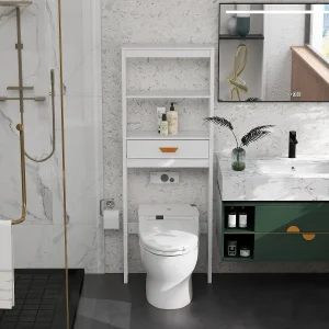 Over The Toilet Storage Cabinet with Drawer and 2 Shelves,Bathroom Space Saver Storage Rack,Toilet Shelf Organizer,White