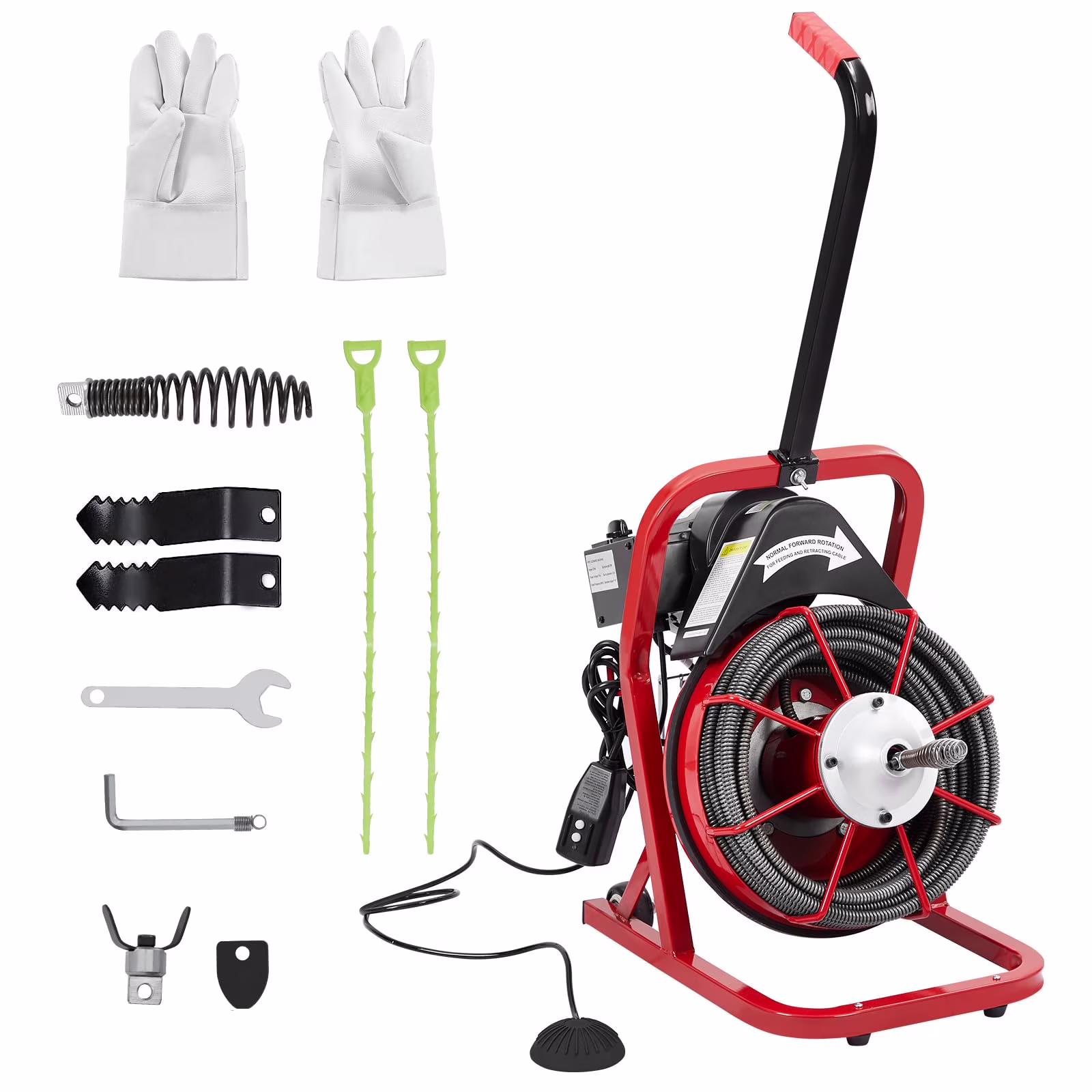 Electric Drain Cleaning Machine , Powerful Electric Auger, Sewer Snake with 4 Cutters, Air-Activated Foot Switch, and Wheels