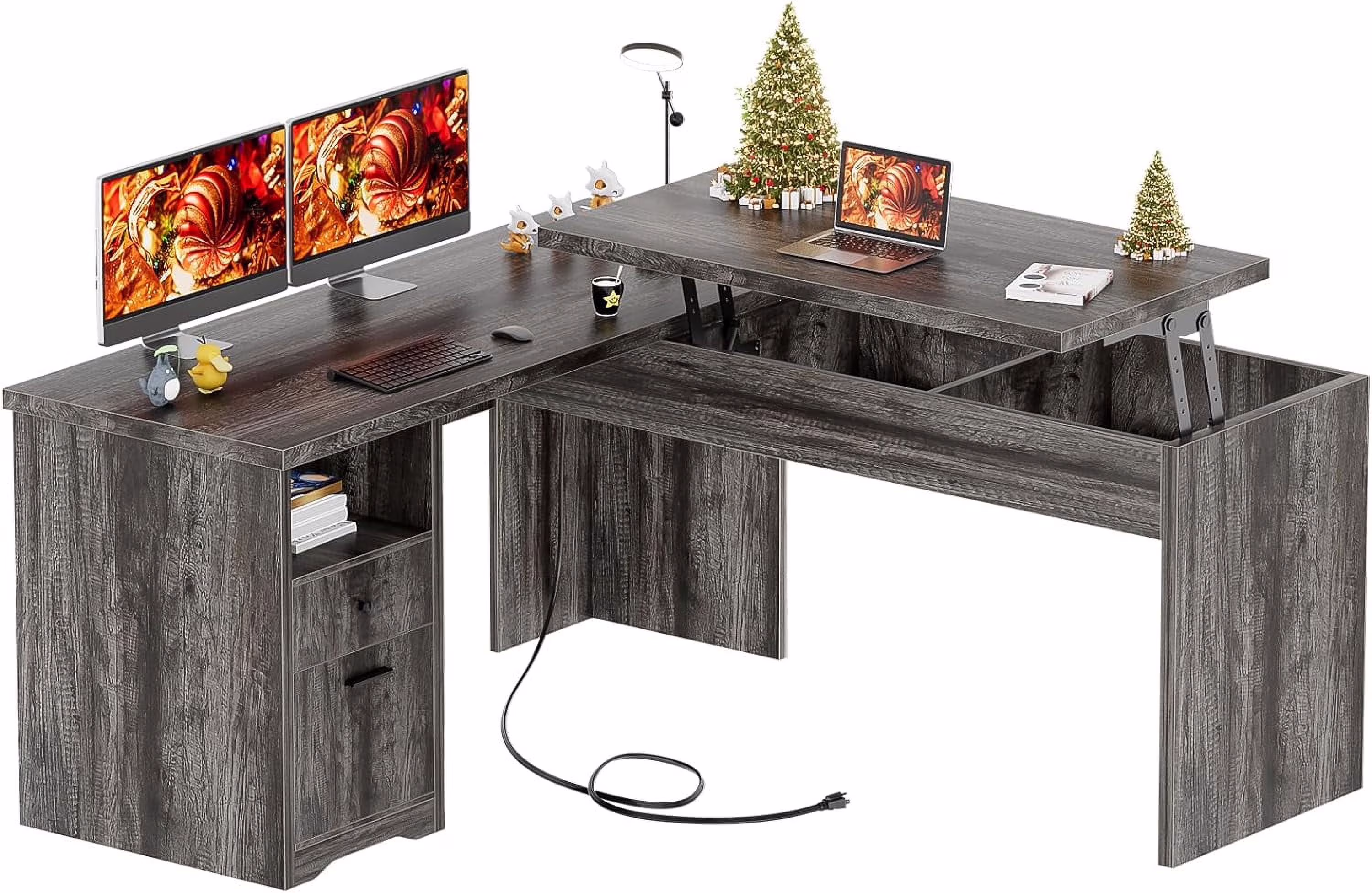 Homieasy L Shaped Desk with Power Outlets and USB Charging Ports, Lift Top Corner Computer Desk with Drawer, Large Office Desk with Storage Shelves, L Shaped Standing Desk for Home Office, Black Oak