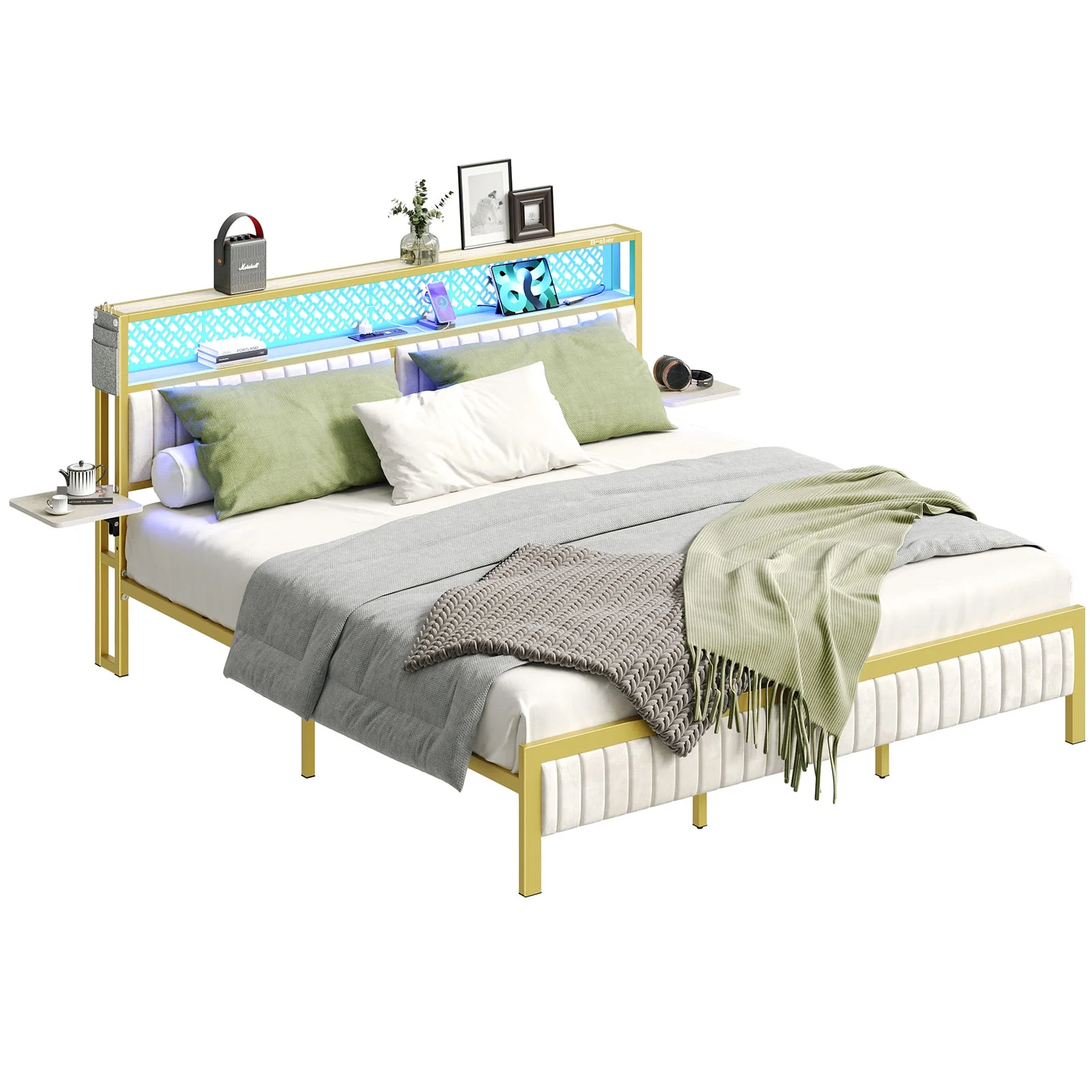 Bestier Queen Size Platform Bed Frame with Wood Foldable Bedside Shelves and LED Storage Headboard Charge Station, Gray