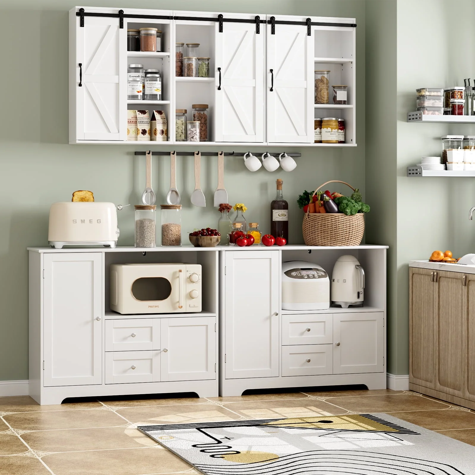 Homfa 40'' Kitchen Storage Cabinet, Buffet Cabinet Sideboard with Drawers and Adjustable Shelves, Microwave Cabinet for Dining Room, White