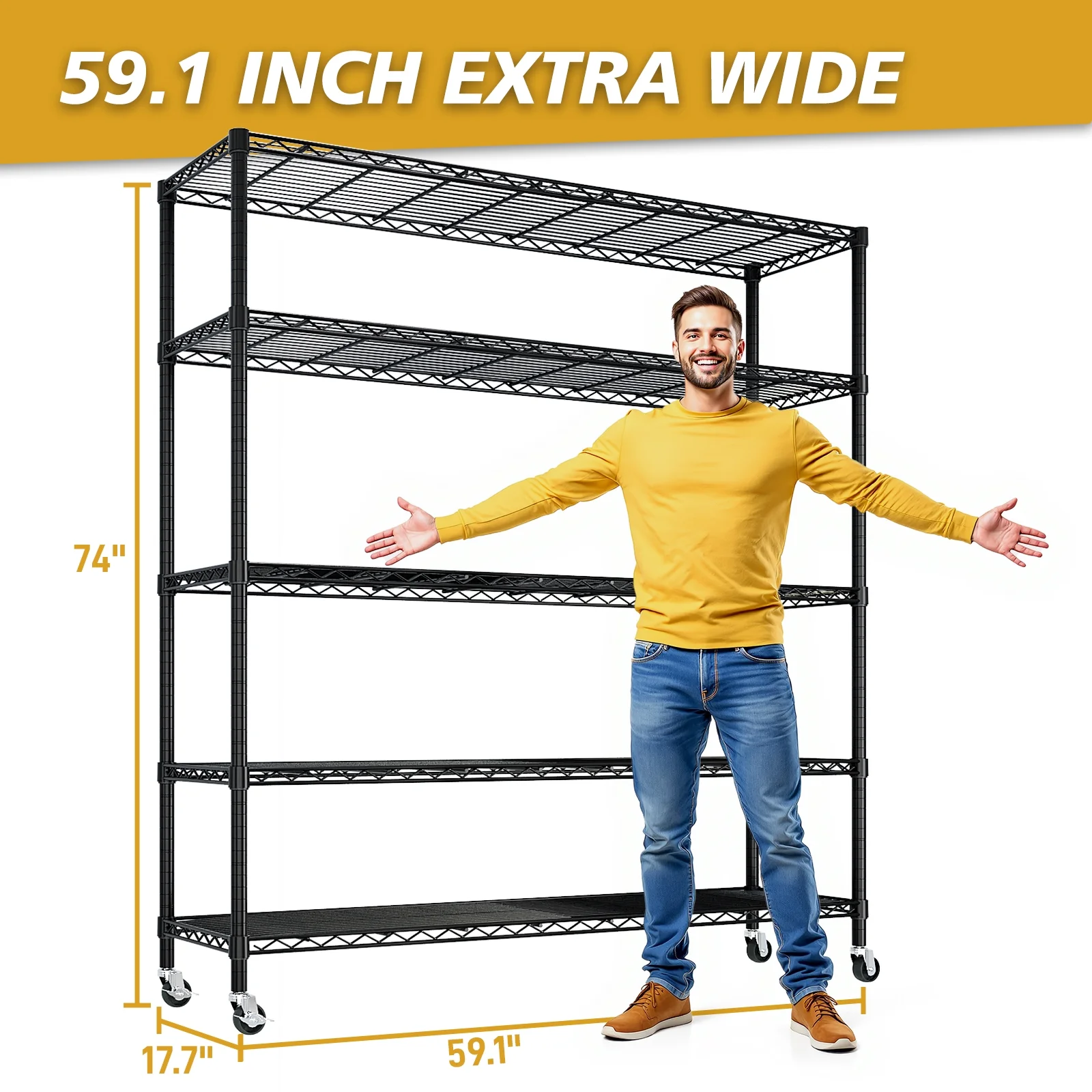 Ktaxon 4 Tier Wire Shelving with Wheels, 46"W x 17.7"D x 65"H Multifunctional Storage Rack Metal Garage Shelves Organizer, Capacity for 800lbs, Black