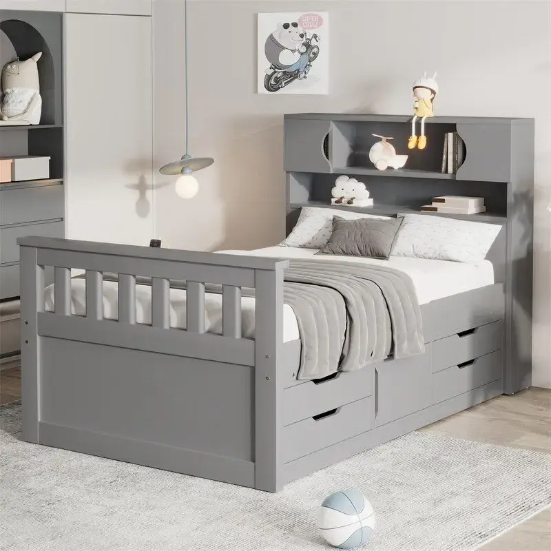 Twin/Full Size Captain Platform Bed with 4 Drawers and Storage Shelves, Solid Wood Bed Frame with Storage Bookcase Headboard