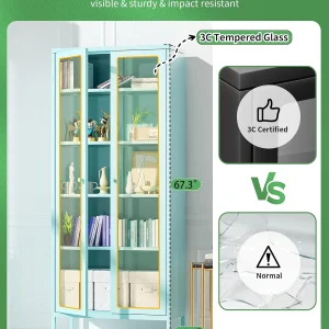 SUNCROWN Metal Storage Cabinet, Curio Display Cabinet with 2 Glass Display Door and 4 Shelves, Side Storage Organize, Modern Bookshelf Cabinet for livingroom, Bedroom, Kitchen, Black