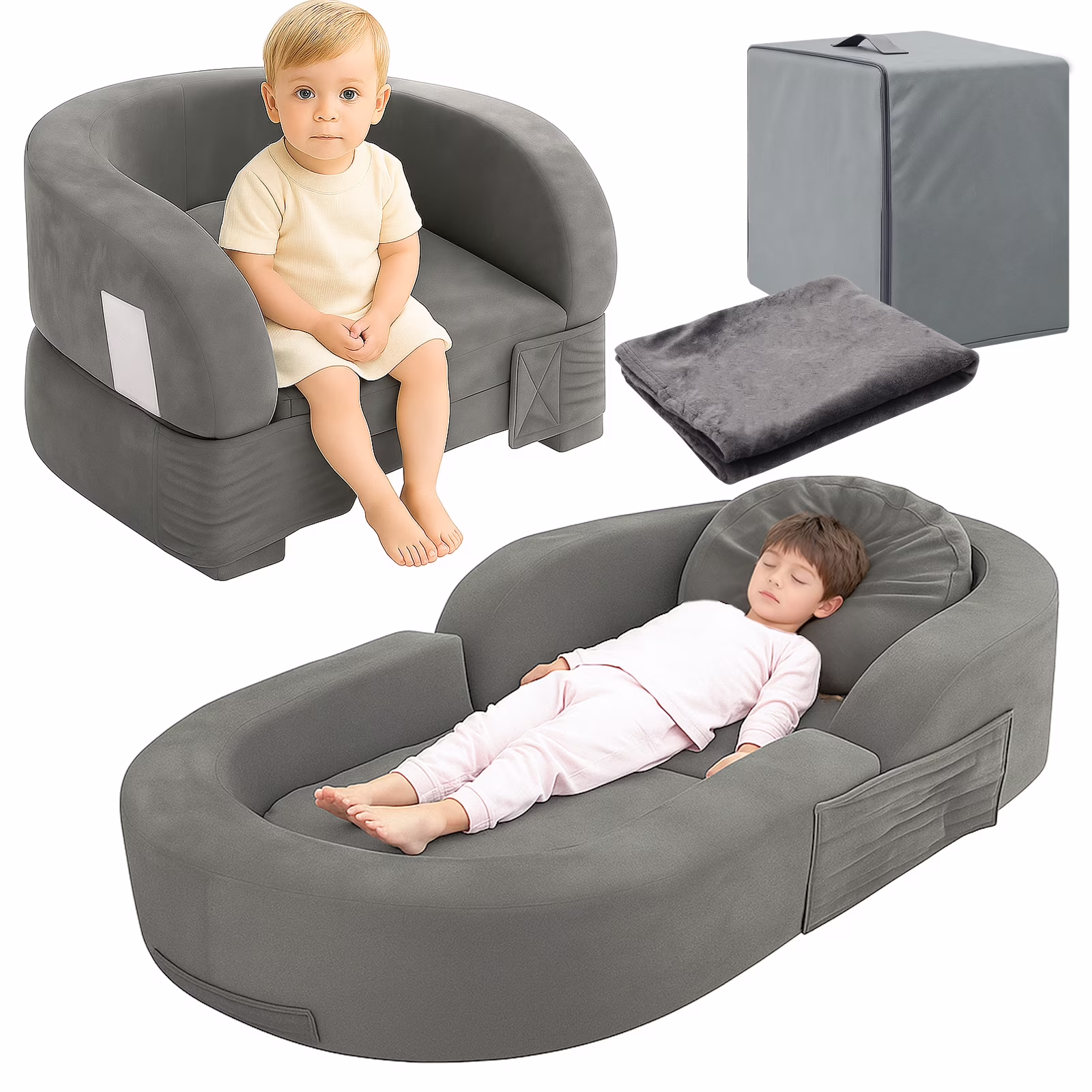 Coumy Toddler Travel Bed 2-in-1 Kids Sofa Chair with Removable Cover, Soft Foam Portable Foldable Toddler Bed for Travel with Carrying Bag, Blue