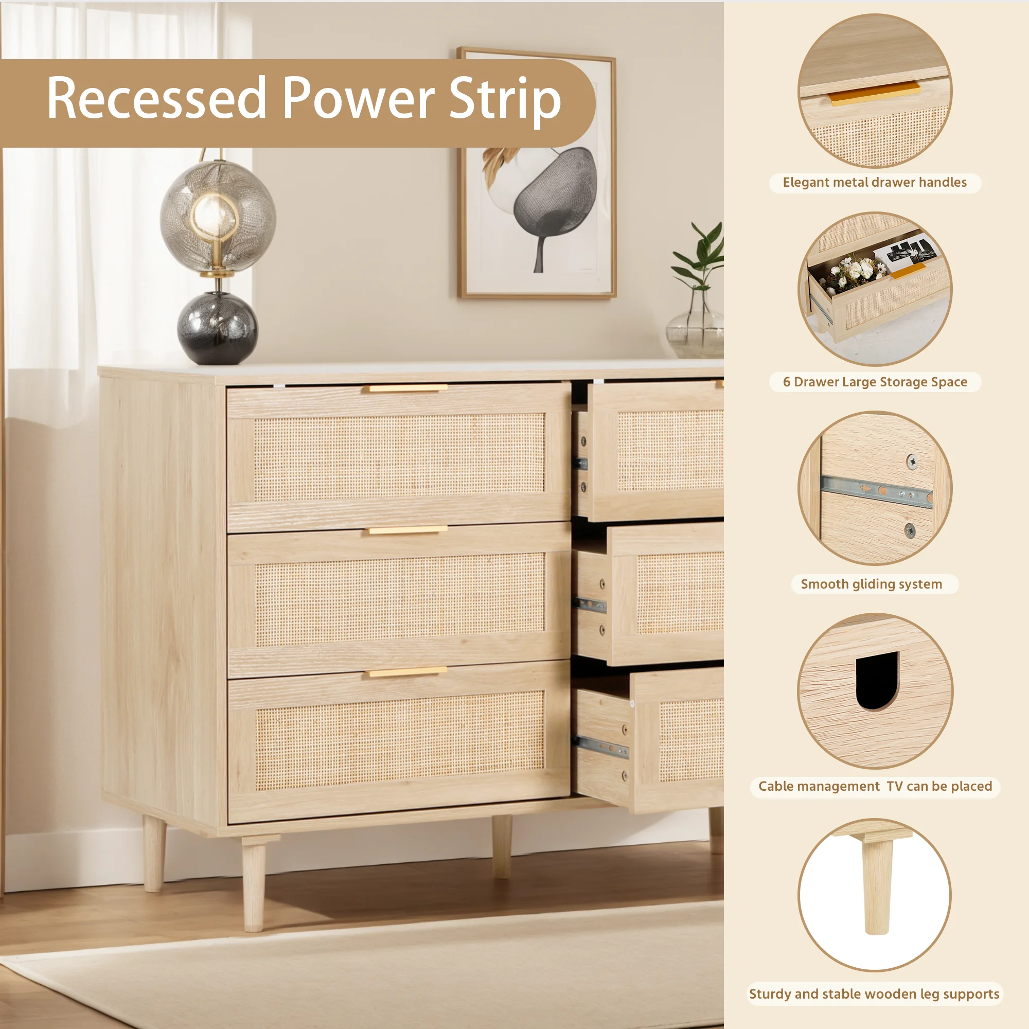 LAZZO 3 Modern Drawer Dresser Rattan, Wooden Dresser Chest of Large Storage Cabinet