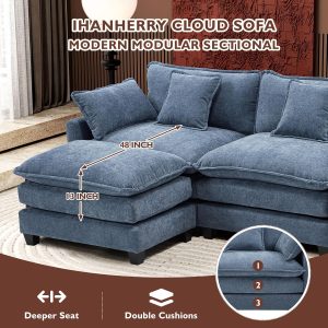 Ihanherry 146" U-Shaped Modern Sofa Modular Sectional Cloud Couch with 2 Ottoman, 6-Seat Chenille Deep Seat Sofa with 6 Pillows for Living Room, Bedroom and Apartment, Grey