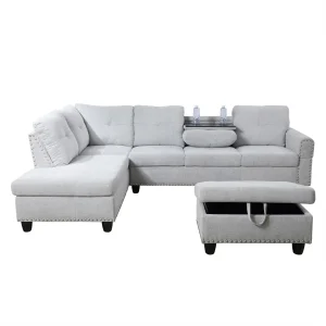 Aukfa 3 Piece Sectional Sofa, Living Room Couch with Storage Ottoman&Cup Holder, Linen, Right Hand, Purple