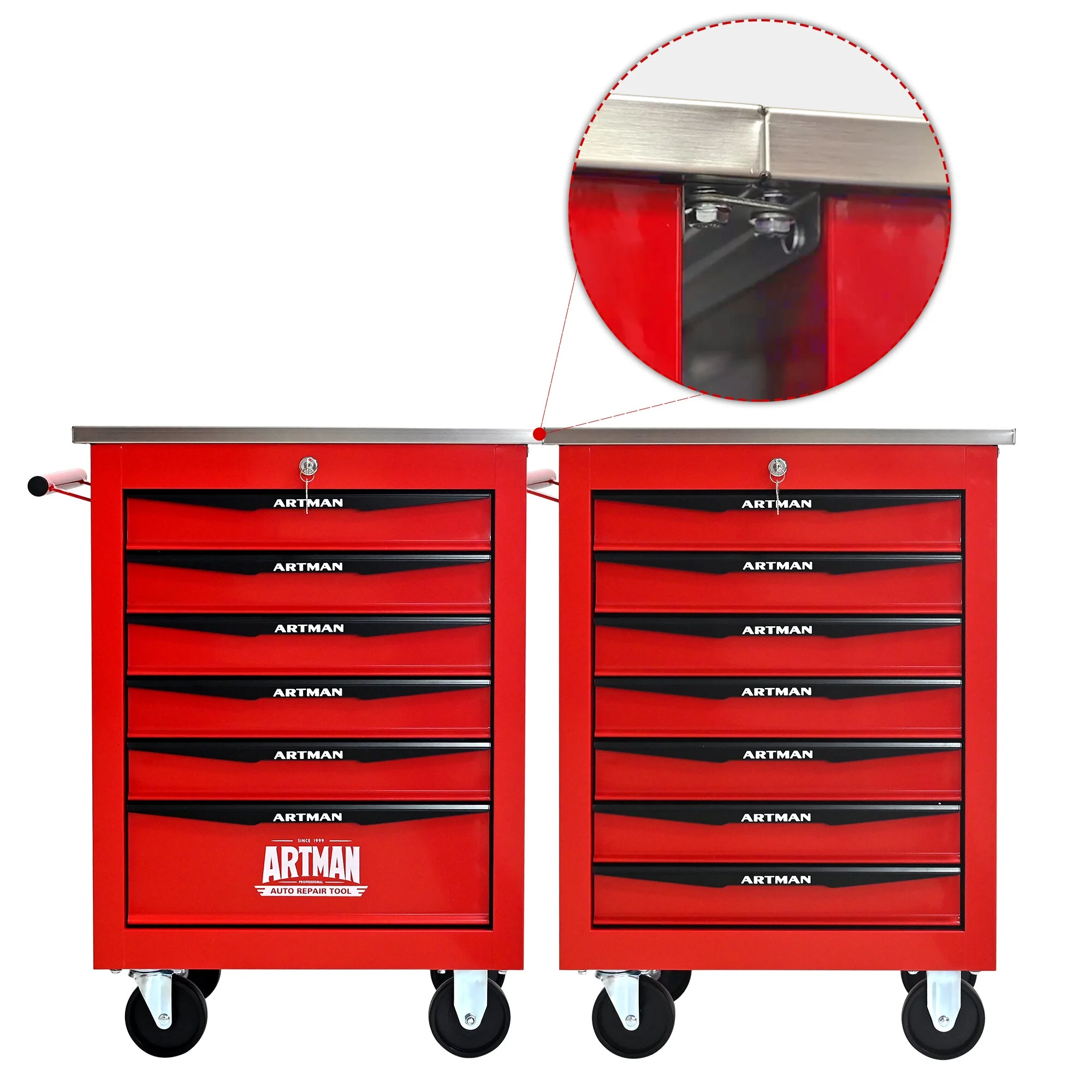 Tool Cabinets 4 Drawers Multifunctional Tool Cart with Wheels,Metal Rolling Tool Cart Storage for Garage Workshop Warehouse Repair Shop--With Stainless Steel Roof- Red&Black,Garage Tool Cabinets