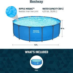 Steel Pro MAX 14 Foot x 48 Inch Round Metal Frame Above Ground Outdoor Swimming Pool Set with 1,000 Filter Pump, Ladder, and Cover, Gray