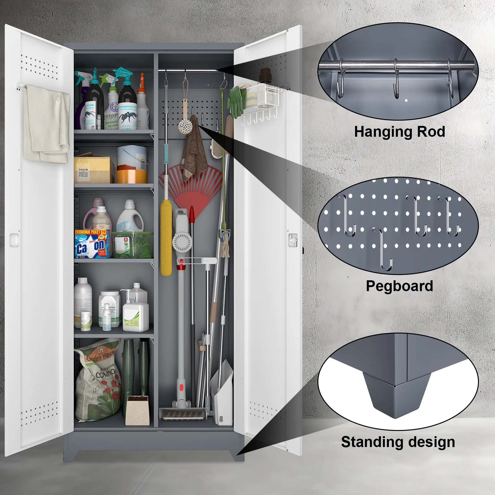 Marcree Broom Closet with Locking Doors,72.8-H Cleaning Tool Storage Cabinet with Hanging Rod & Hooks,Heavy-Duty Tool Garage Storage Cabinet for Utility Room,Grey