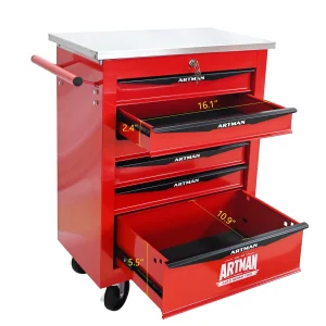 Tool Cabinets 4 Drawers Multifunctional Tool Cart with Wheels,Metal Rolling Tool Cart Storage for Garage Workshop Warehouse Repair Shop--With Stainless Steel Roof- Red&Black,Garage Tool Cabinets
