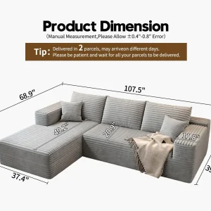 107.5" Cloud Modular Sectional Sofa Couch with L-Shape Chaise,Modern Minimalist Upholstered Couches for Living Room Bedroom,Deep Seat Corner Couch .No Assembly Required (Black,Left Facing Chaise)