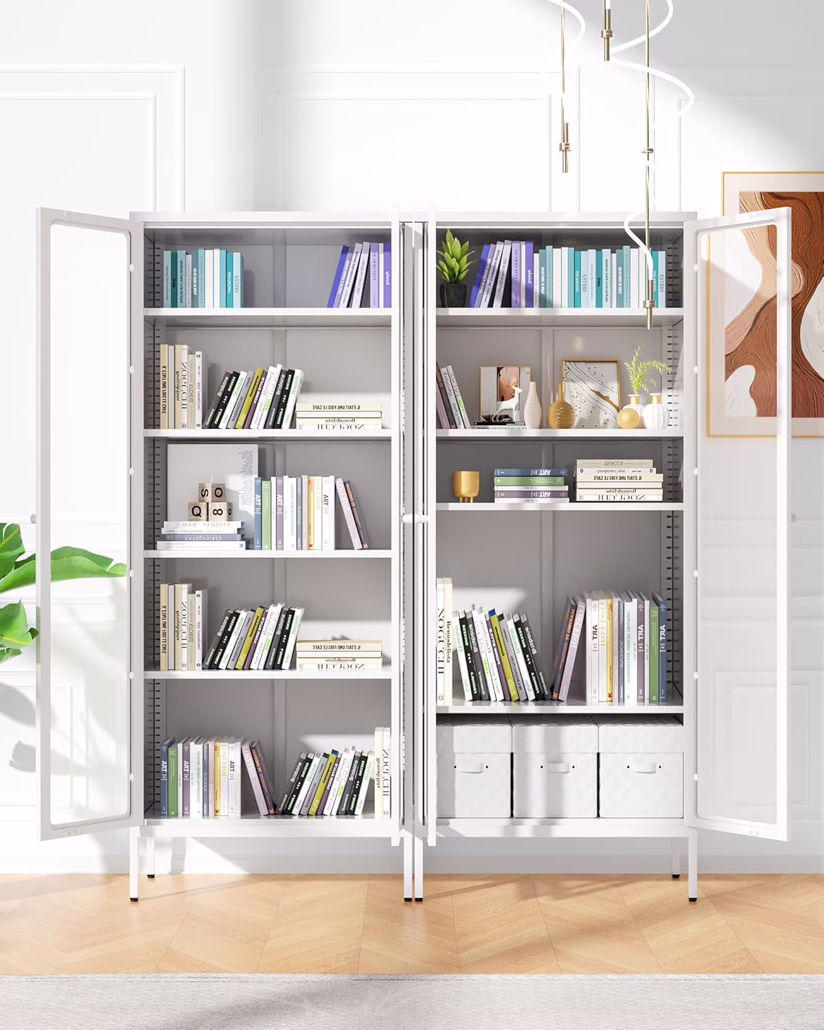 SUNCROWN Metal Storage Cabinet, Curio Display Cabinet with 2 Glass Display Door and 4 Shelves, Side Storage Organize, Modern Bookshelf Cabinet for livingroom, Bedroom, Kitchen, Black