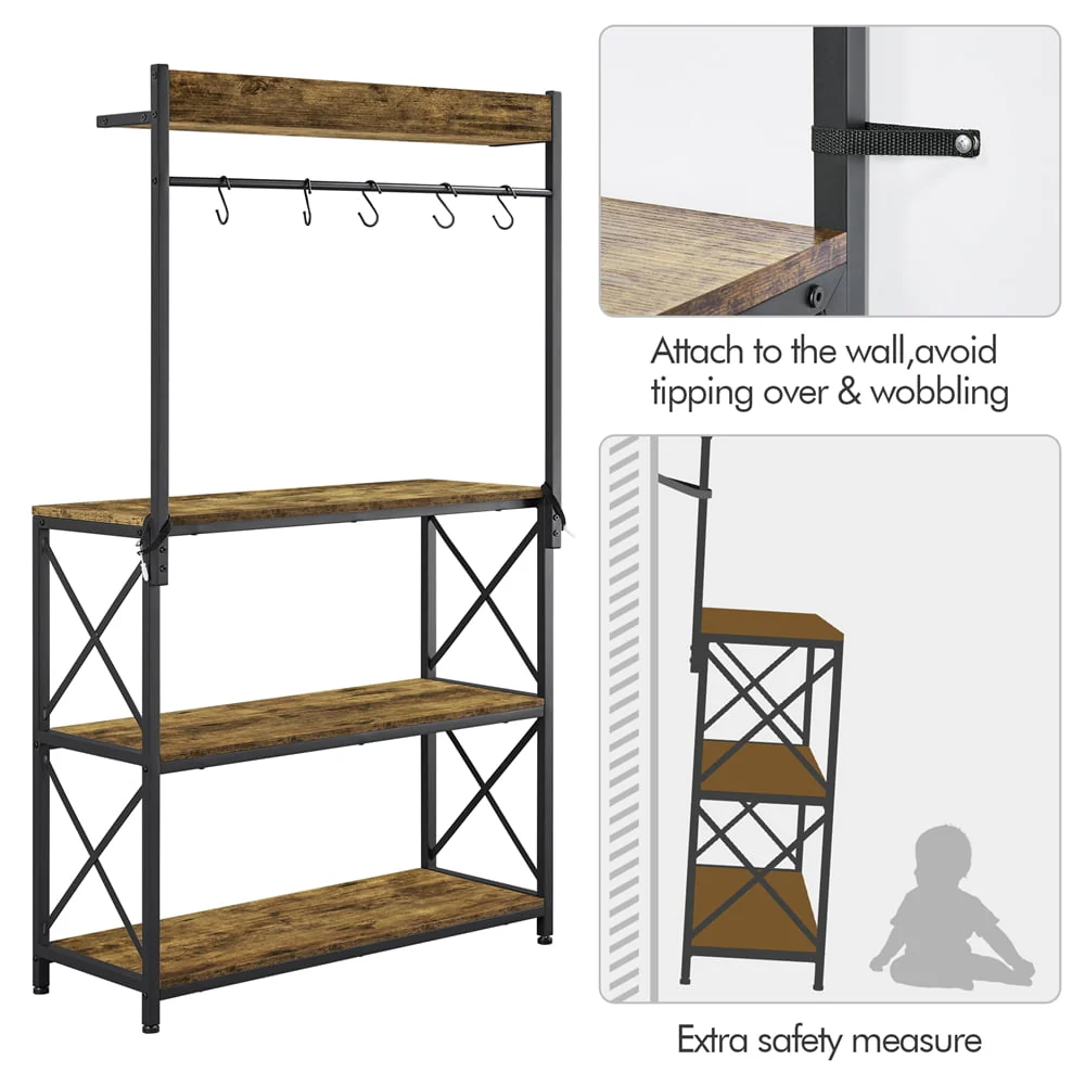 SmileMart 4-Tier Bakers Rack Kitchen Storage Shelf with S-Hooks, Rustic Brown