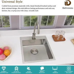 17 Inch Bar Sink Drop In -C Small Kitchen Sink, Modern 18 Gauge Stainless Steel sink with Brushed Finish, 17"x19"x6" Single Bowl kitchen Sinks for RV, Prep, and Outdoor Use