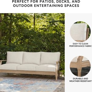 Signature Design by Ashley Clare View Coastal Outdoor Patio Eucalyptus Sofa with Cushions, Beige