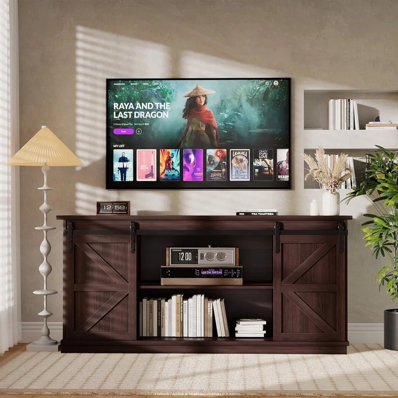 Furmax 65 inch TV Stand Entertainment Center with Sliding Barn Doors and Storage,White
