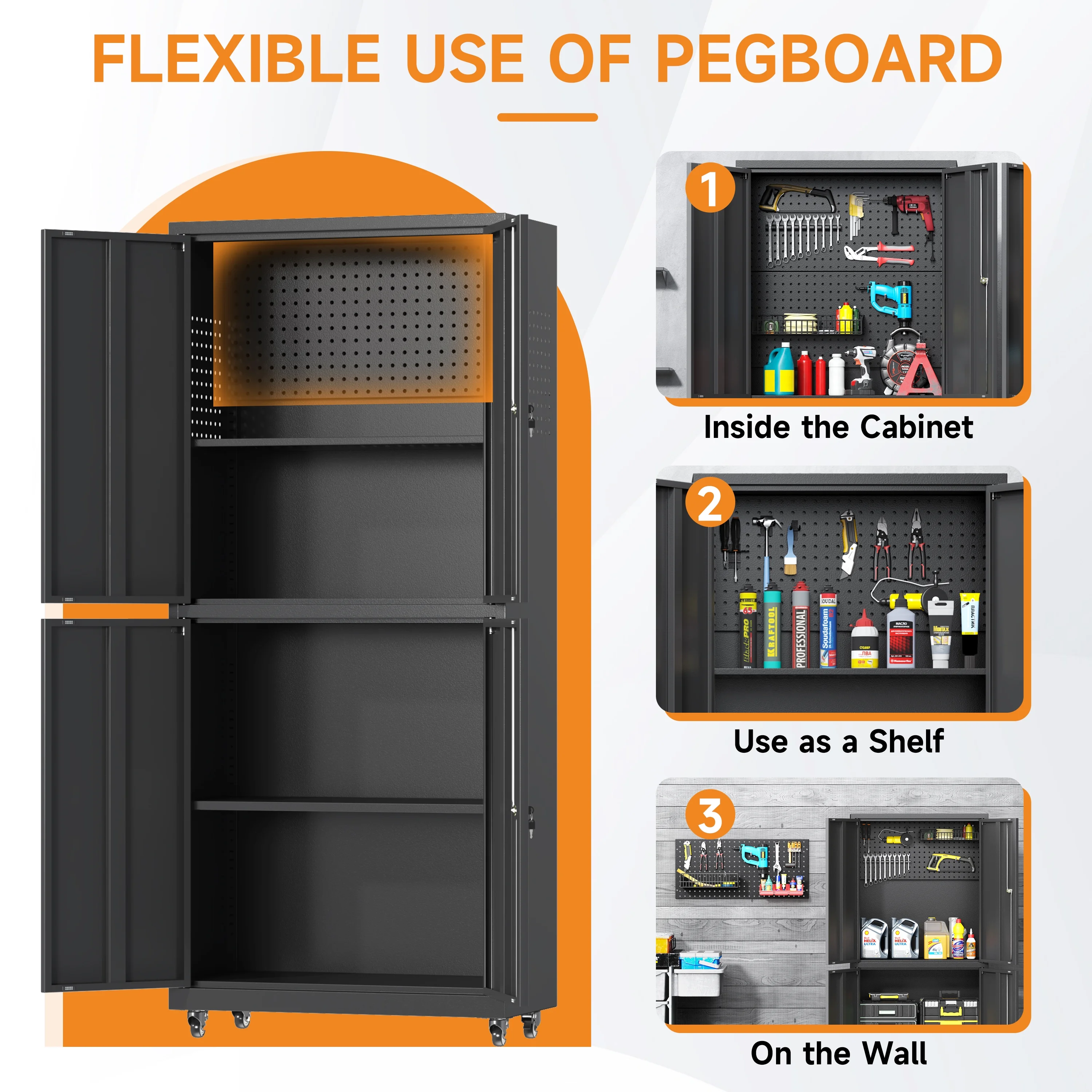 Firstsky Metal Garage Storage Cabinet with Wheels, Adjustable Rolling Tool Storage Cabinet with Lock, 34" Steel Locking Tool Cabinet with Doors and Shelves-Black&Gray, 34.3" H-