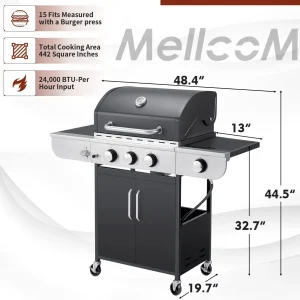 Upgraded 4 Burner BBQ Propane Gas Grill with Cast Iron Grates & Side Stove, 44,000 BTU Stainless Steel Burner Barbecue Grill for Patio, Camping, Outdoor Cooking.