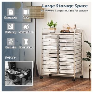 20 Drawers Storage Cart w/Rolling Wheels, Semi-Transparent Mobile Rolling Drawer Cart for School Classroom Office Home Salon, Files Scrapbook Craft Organizer, Utility Cart on Wheels (Clear)