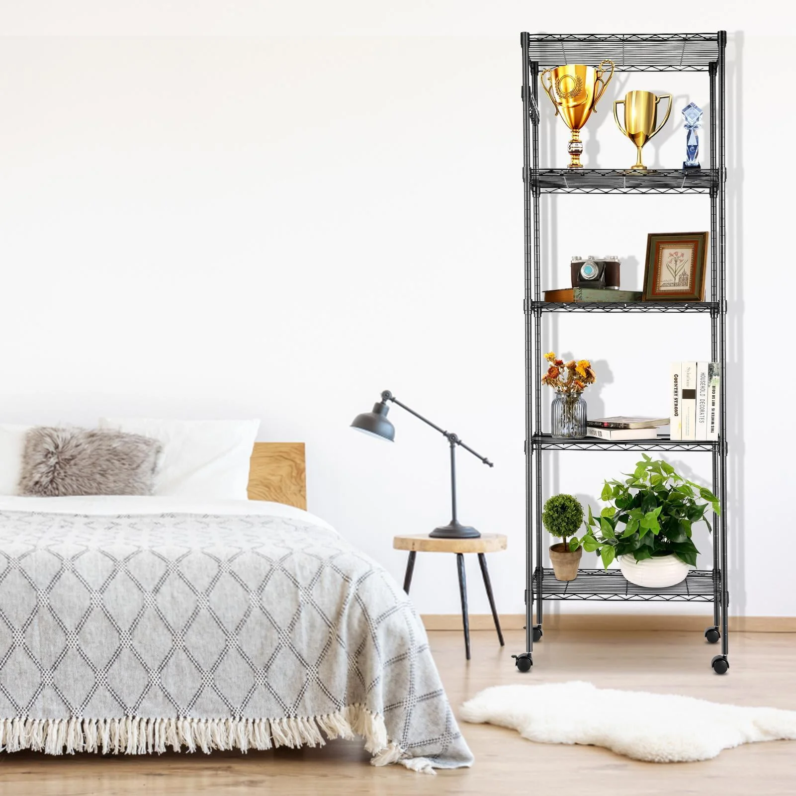 5-Tier 600 lbs Carrying Capacity Wire Shelf 72" Steel Shelf Tier Height Adjustable Metal Racks with 4 Wheels & 4 Hooks for Garage Kitchen Storage Organizer Shelving Unit