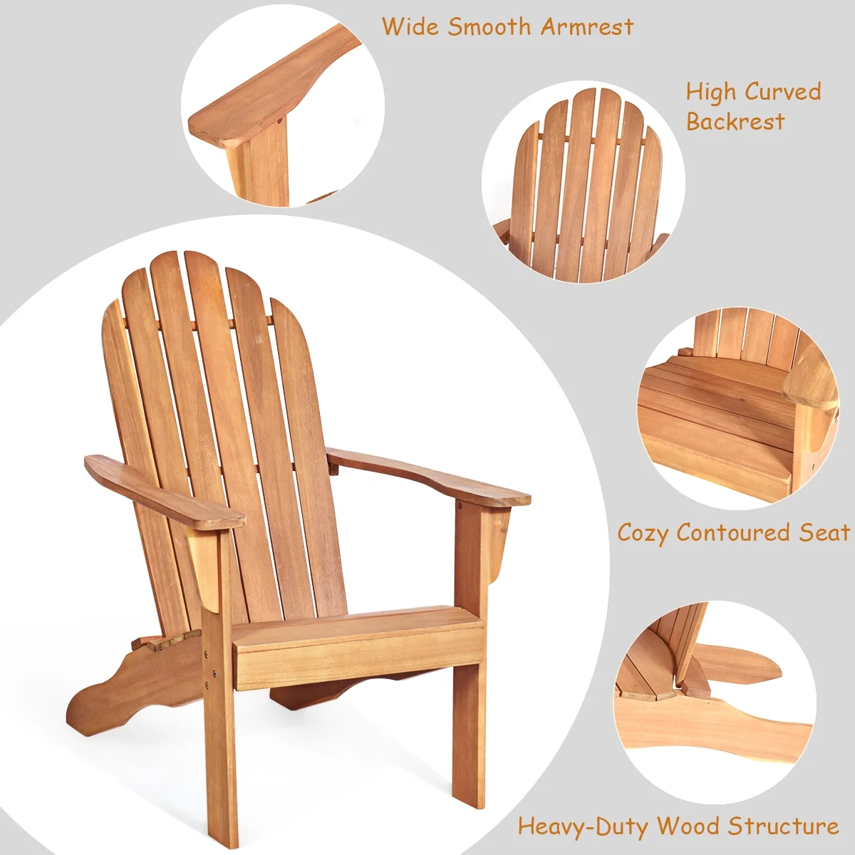 Costway Outdoor Adirondack Chair Accent Chair Solid Wood sturdy Patio Garden Deck Furniture Gray