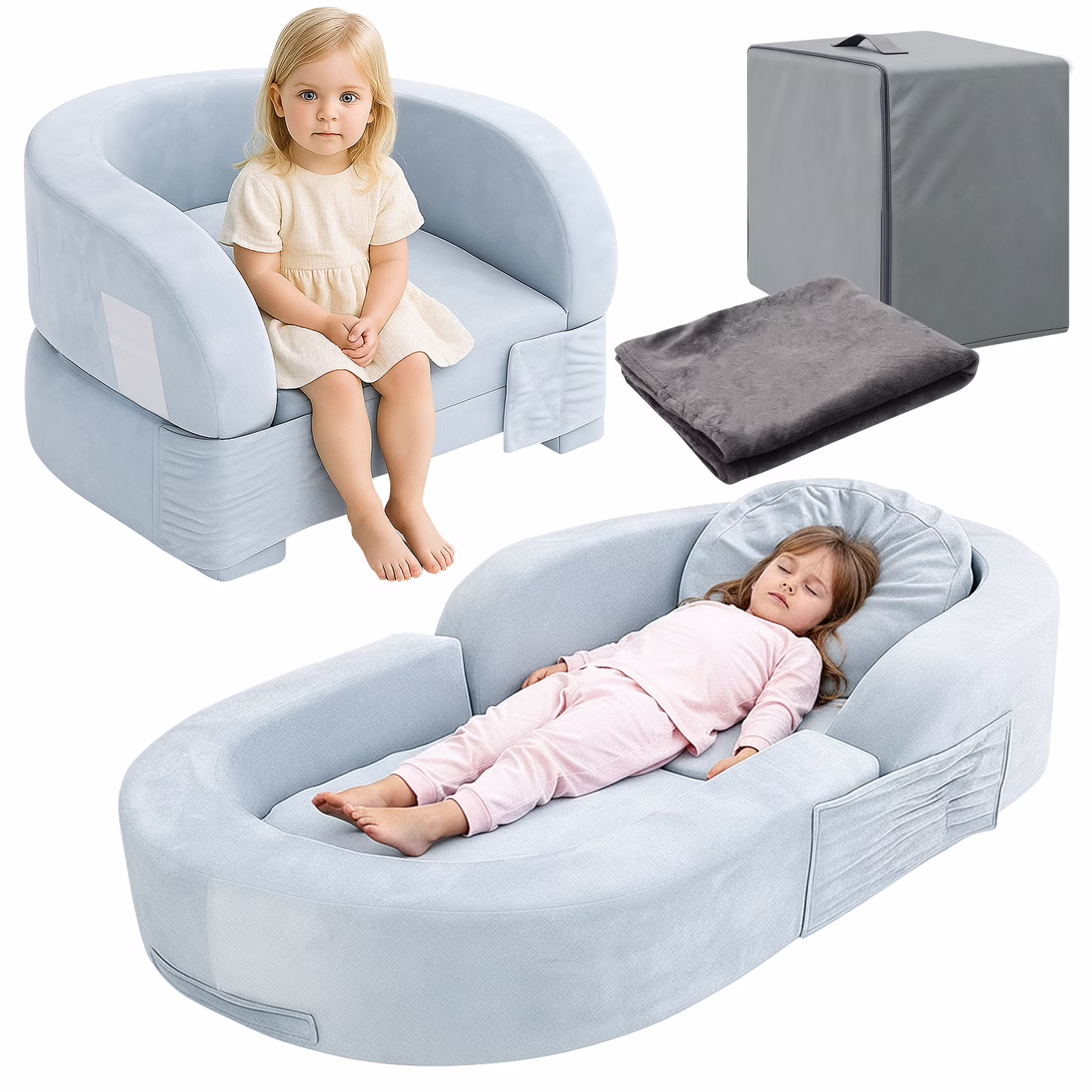 Coumy Toddler Travel Bed 2-in-1 Kids Sofa Chair with Removable Cover, Soft Foam Portable Foldable Toddler Bed for Travel with Carrying Bag, Blue
