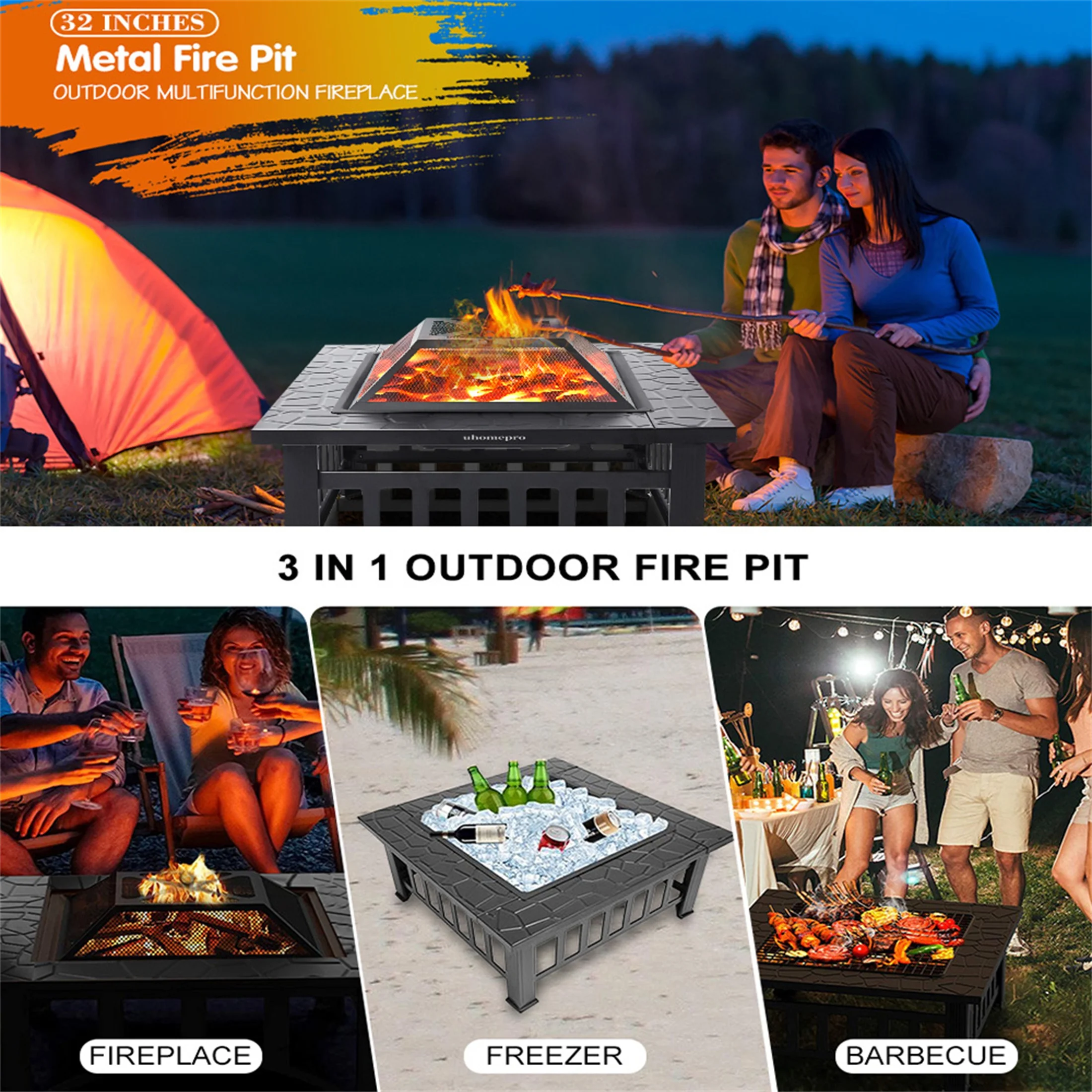 Fire Pits for Outside, UHOMEPRO 32" Square Iron Fire Pit Backyard Patio Garden Stove Wood Burning Fire Pit w/ BBQ Net, Waterprrof Cover, Mesh Screen Lid, Wood Grate, Poker, Durable Fire Pit