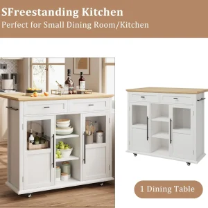 WALYWIK Foldable Kitchen Island Cart with Wheels, 2 Glass Doors, Spice Rack & Towel Holder -C Compact Mobile Storage Cart for Small Kitchens, Dining Rooms, Camping & RVs - Grey