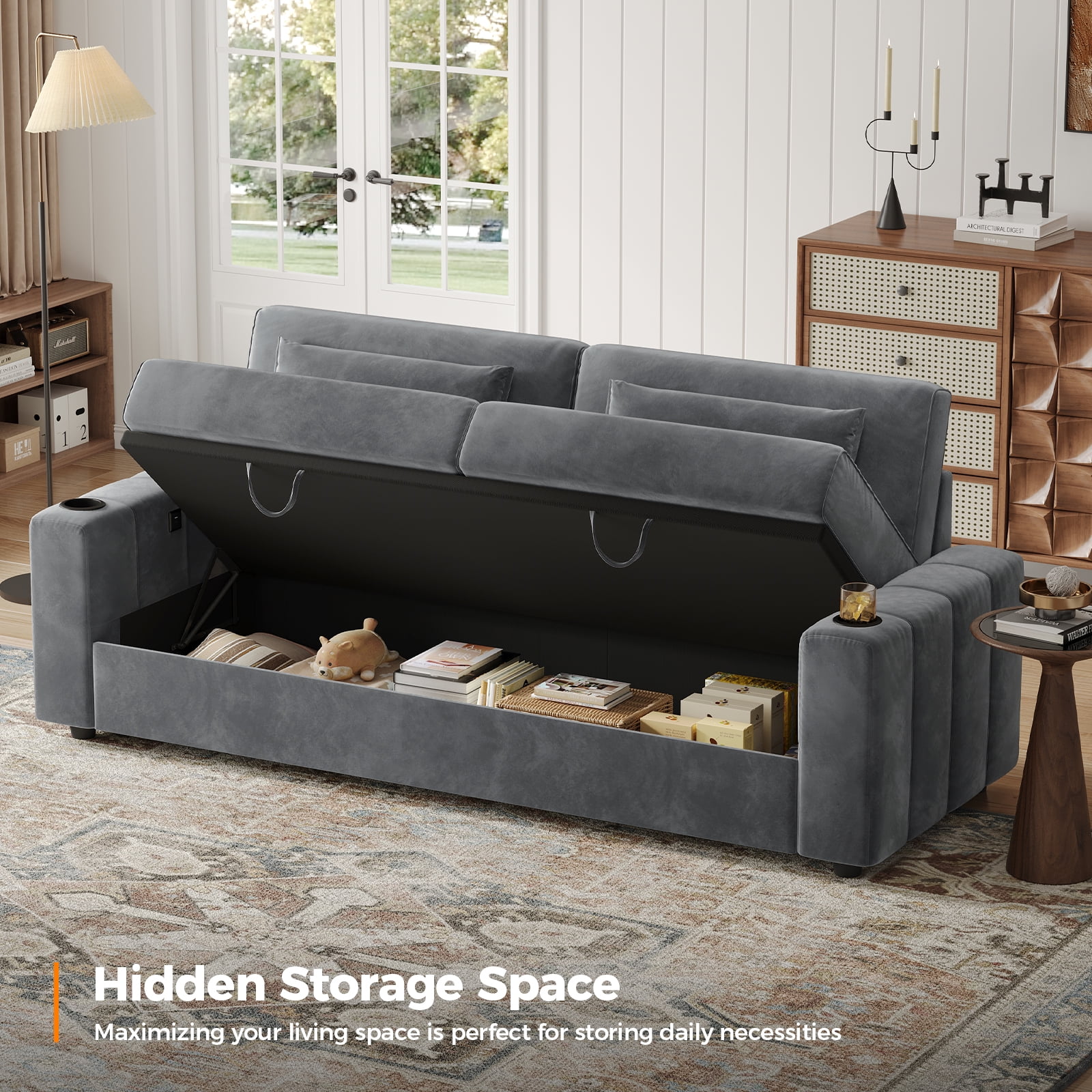 87-Large Loveseat Sofa, 3 Seater Couch with Storage, Velvet Fabric Deep Seat Sofa with Pillow& Cup Holders, Modern Comfy Sofa with USB& Type-C Ports, Home Sofa Couch for Living Room Bedroom