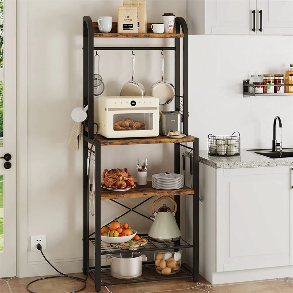 Zzistar Bakers Rack with Power Outlet, Microwave Stand Coffee Bar Table Station with Metal Wire Panel, Kitchen Storage Rack with 8 Hooks