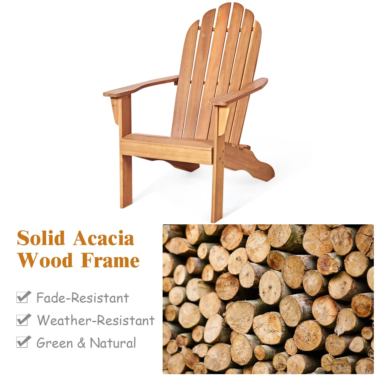 Costway Outdoor Adirondack Chair Accent Chair Solid Wood sturdy Patio Garden Deck Furniture Gray