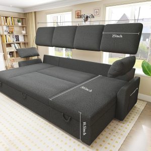 VanAcc Sofa Bed, Sleeper Sofa with Storage Chaise 2 in 1 Pull Out Couch Living Room
