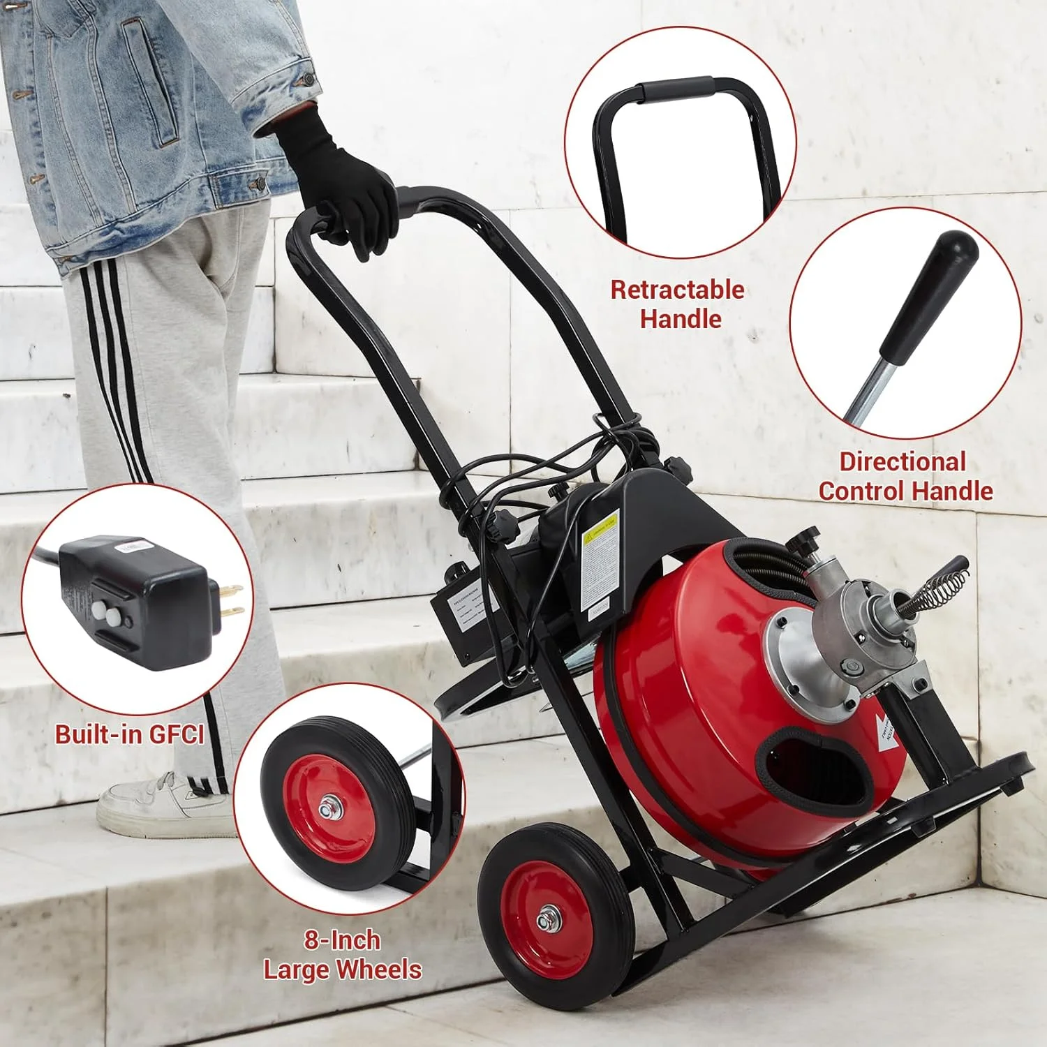 Telyswee Drain Cleaner Machine 100ft x 1/2inch Auto-feed Electric Drain Auger for 1in to 4in Pipes, w/ 8 Cutters & Air-activated Foot Switch, 250W/370W 1700RPM Drain Sewer Snake Drain Auger Cleaner