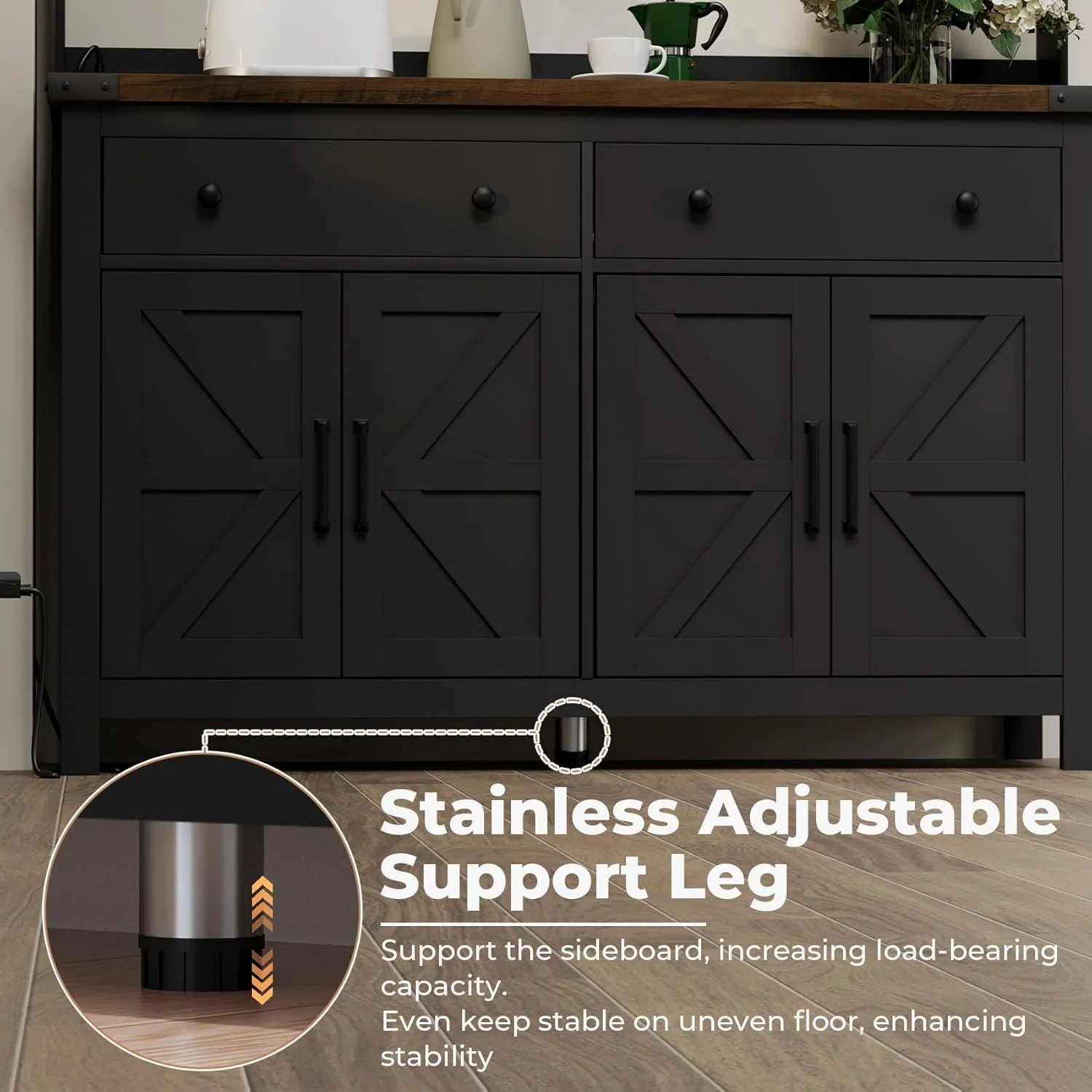 Frmobepts Farmhouse Coffee Bar Cabinet, 60" Tall Bar Cabinet with Drawers & Power Outlet, Sideboard Buffet Cabinet with Storage Barn Door for Kitchen, Dining Room